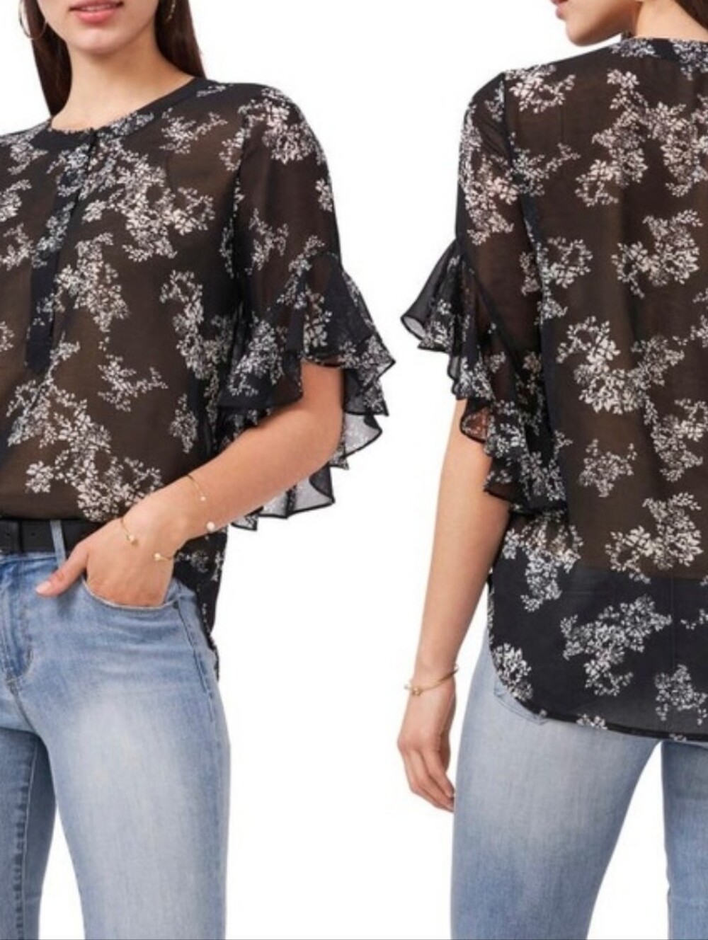 Vince Camuto Black & White Floral Chiffon Blouse Sz XL Split Neck Flutter Sleeve